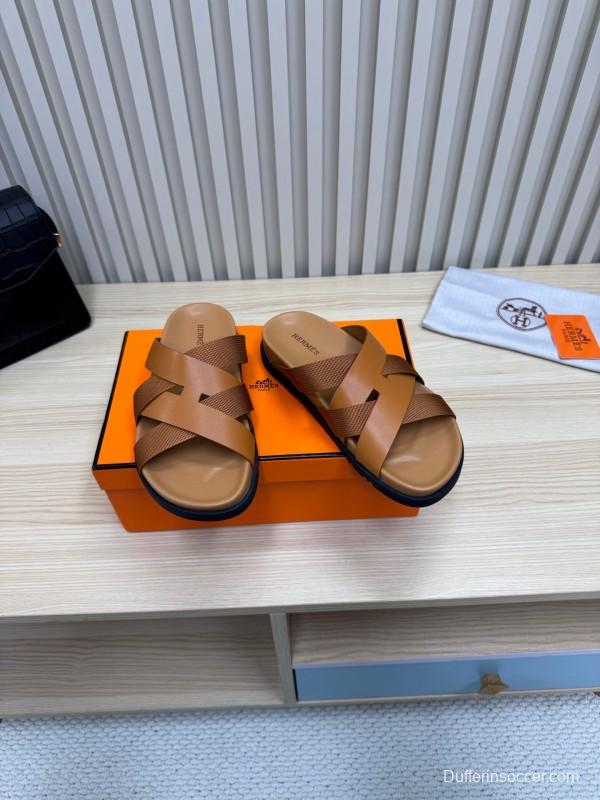 2025 Men Hermès Brown Leather Slippers