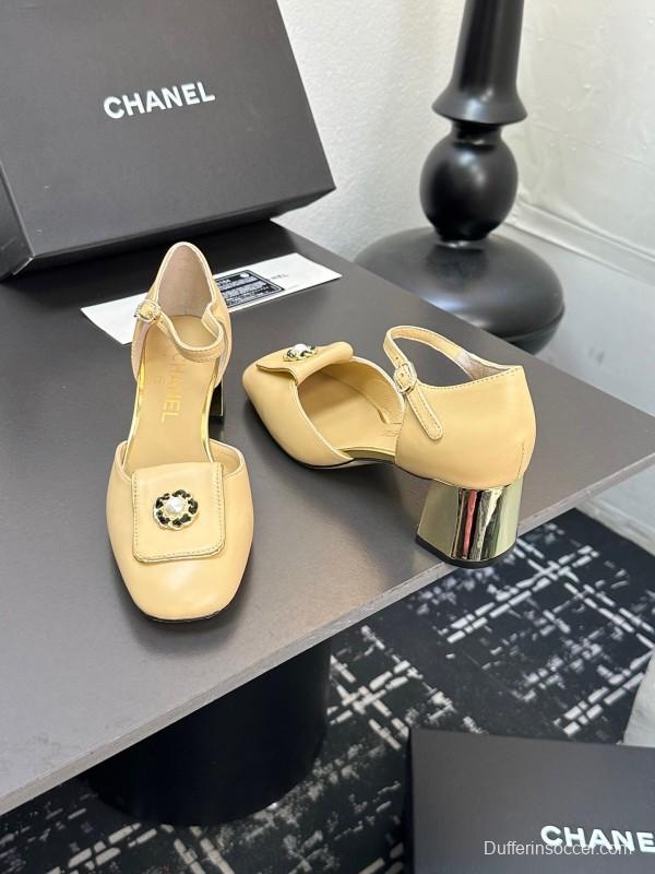 2025 Women CHANEL Beige Lambskin Mid Heel Ankle Strap Square Toe Pumps