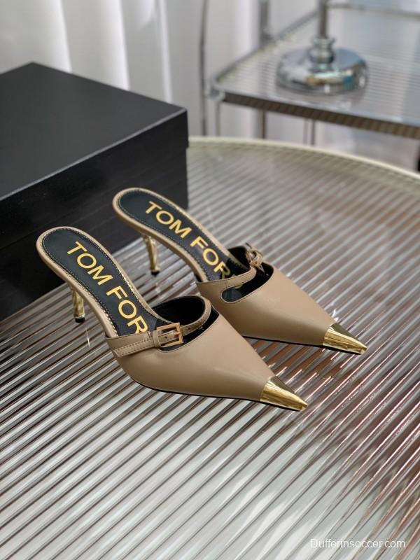 2025 Women TOM FORD Beige Gold Leather Pointed Toe Mules KFY00300