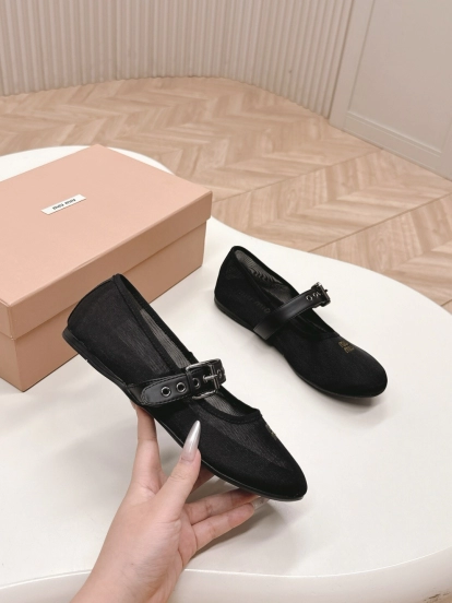 2025 Women Miu Miu Black Mesh Leather Ballet Flats LY00230