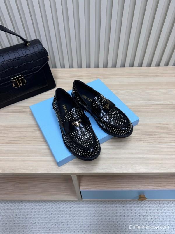 2025 Women Prada Black Leather Loafers Studded LY00340