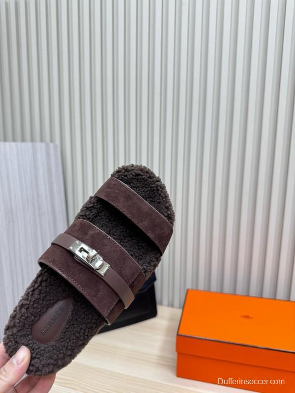 2024 Slippers Hermès Dark Brown Suede Shearling Slippers MJ00300