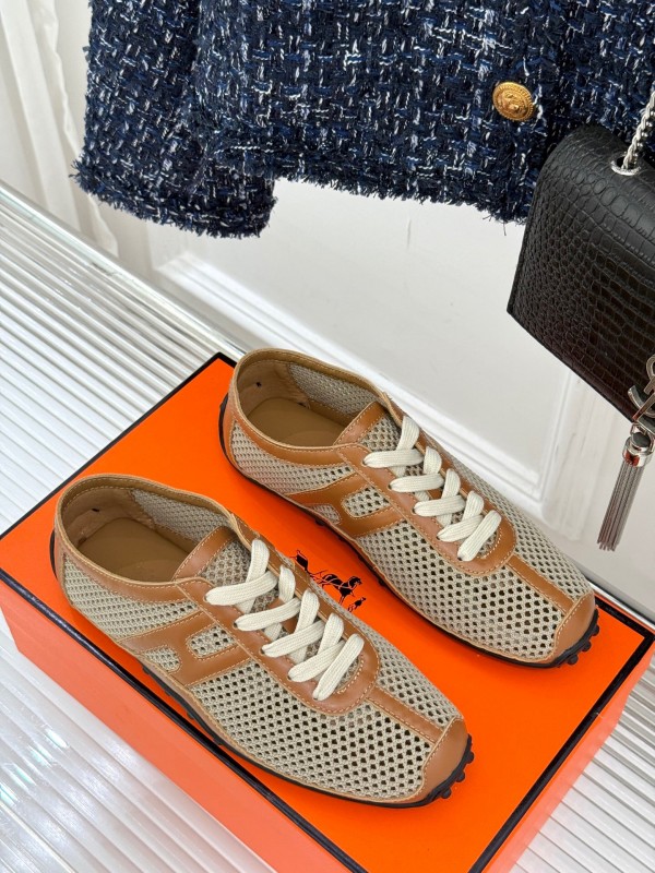 2025 Women Hermès Beige Brown Leather Mesh Casual Shoes