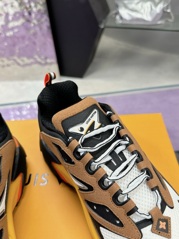 2025 Men Louis Vuitton Brown White Black Mesh Leather Sneakers MJ00420