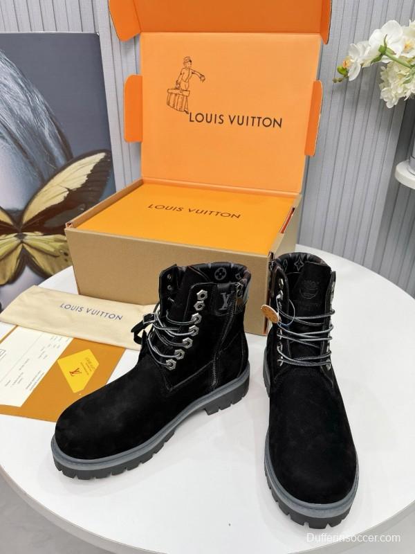 2024 Unisex Louis Vuitton Black Suede Leather 6 Inch Waterproof Embossed Leather Ankle Boots MJ00450