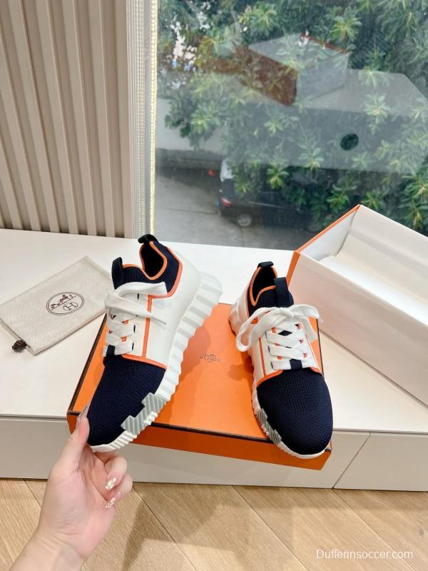 2024 Unisex Hermès 爱H Navy Orange Knit Leather Sneakers 