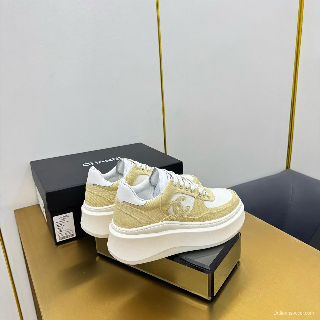 2025 Women Chanel Beige White Canvas Leather Sneakers
