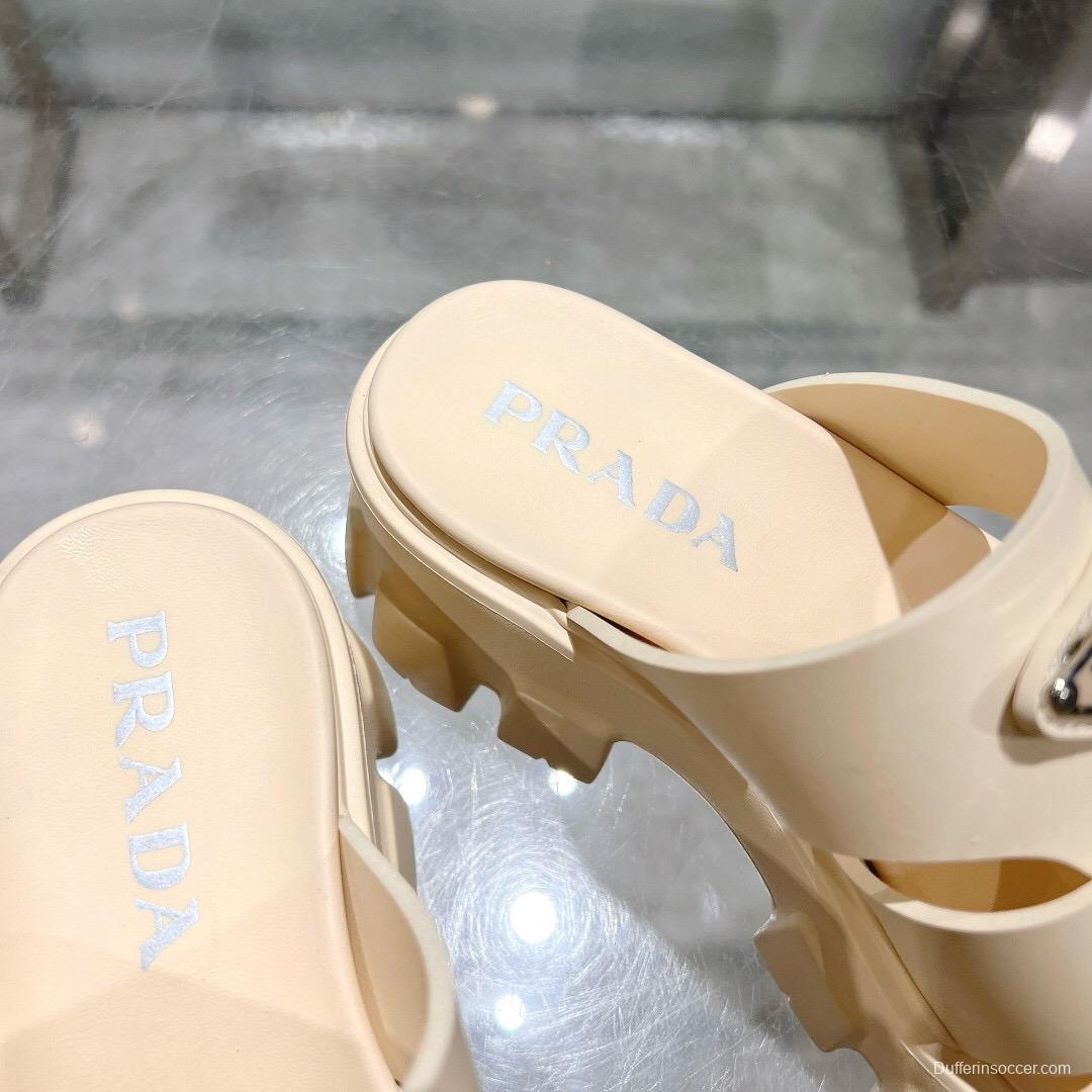 2025 Women Prada Beige Leather Platform Sandals LY00250