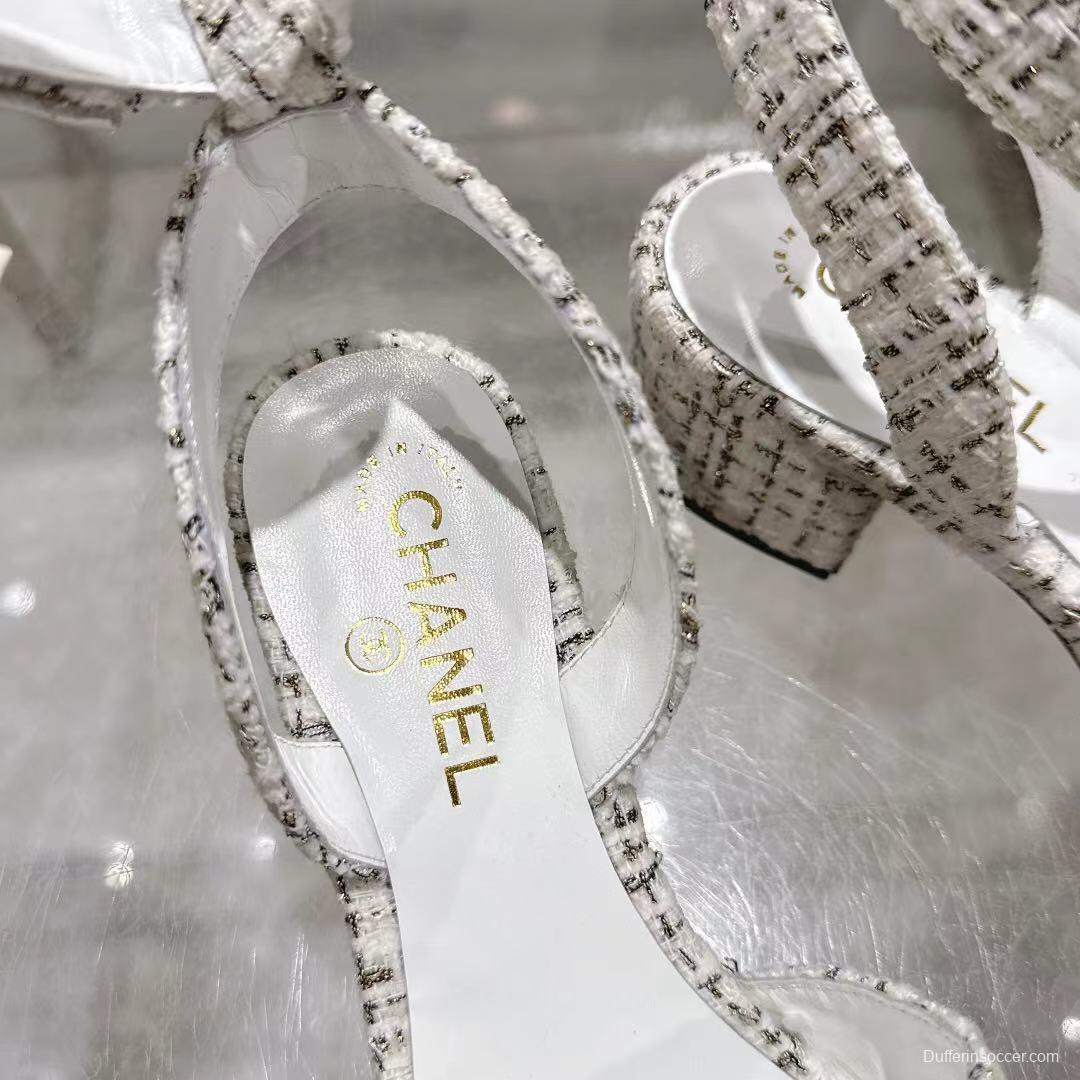 2025 Women Chanel White Black Tweed Leather Sandals LY00280