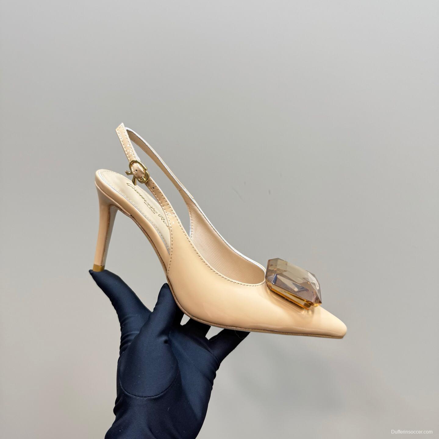 2025 Women Gianvito Rossi Beige Patent Leather Slingback High Heel Gemstone KFY00300