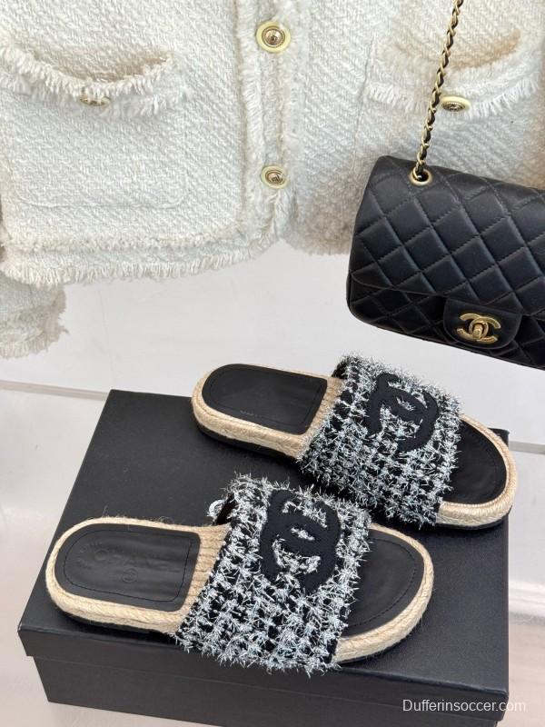 2025 Slippers Chanel Black White Tweed Espadrille Handcrafted KFY00230