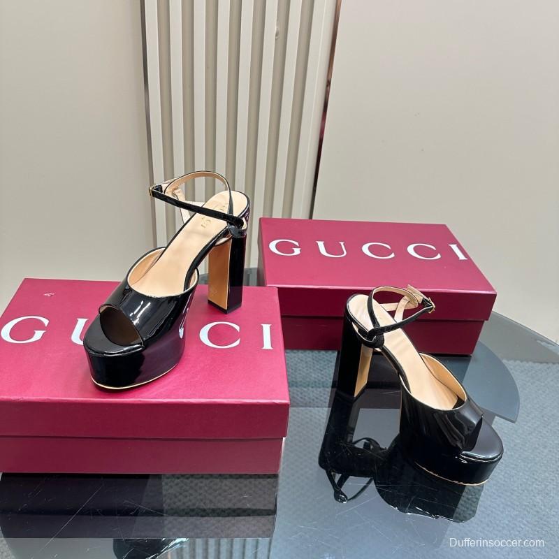 2025 Women Gucci Black Patent Leather Platform Sandals