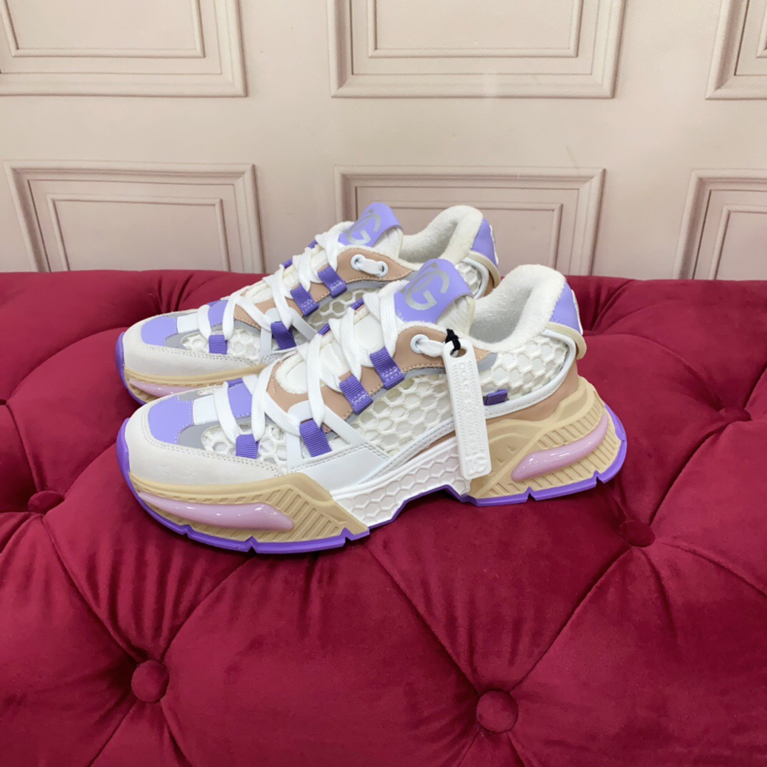 2025 Women Dolce & Gabbana White Purple Beige Mesh Leather Sneakers LY00340