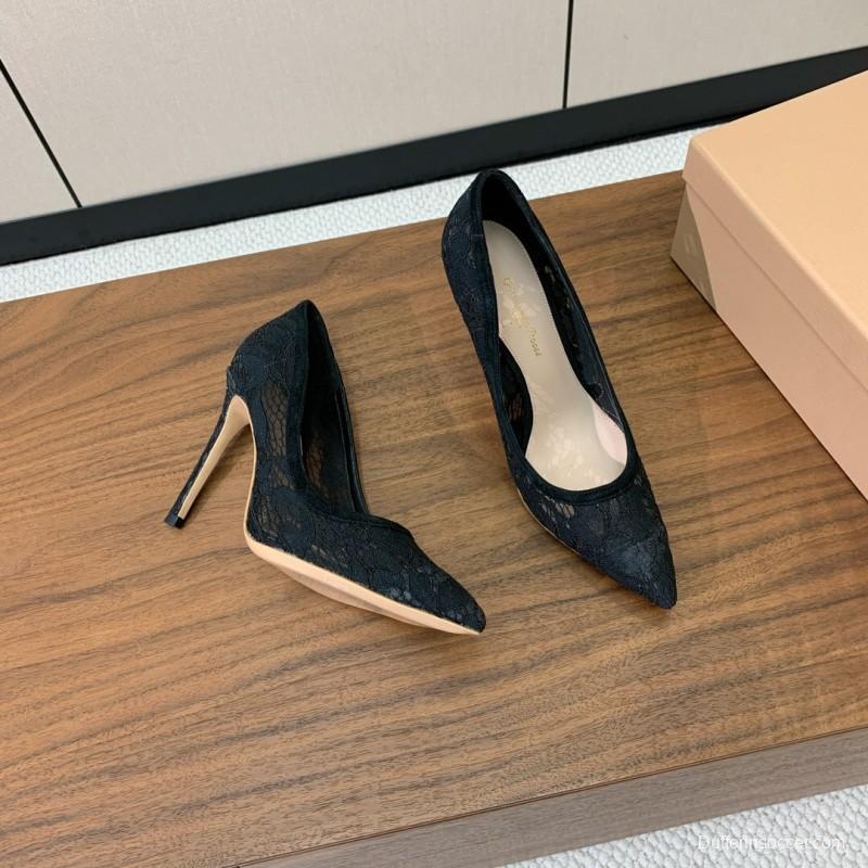 2025 Women Gianvito Rossi Black Lace Leather Pumps KFY00280