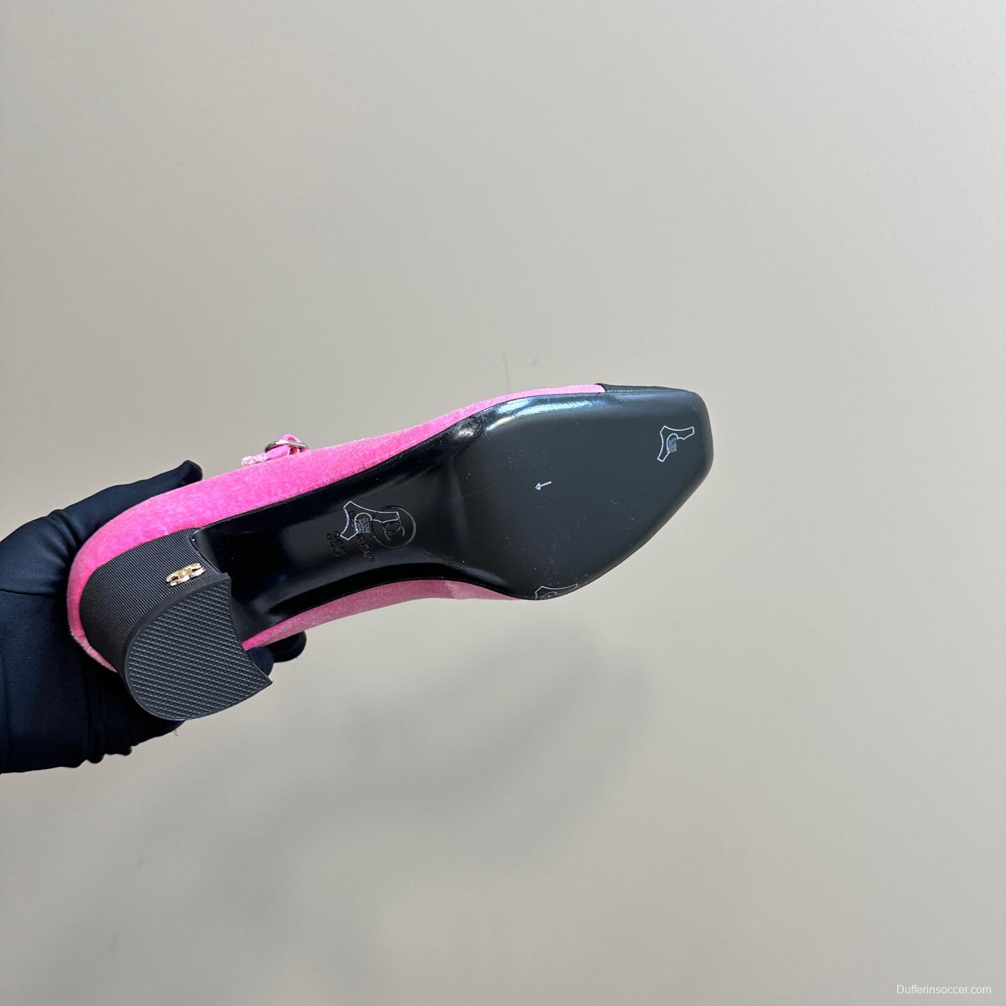 2025 Women Chanel Pink Black Velvet Mary Jane Shoes