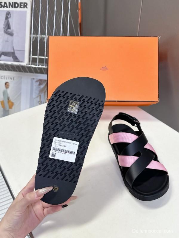 2025 Women Hermès Pink Black Leather Sandals