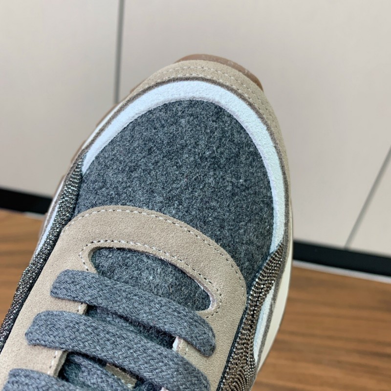 2025 Unisex Brunello Cucinelli Beige Gray White Leather Wool Casual Sneakers LY