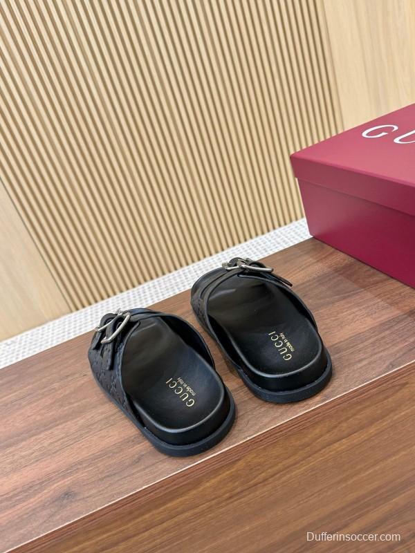 2025 Women Gucci Black Leather Sandals Buckle LY00230