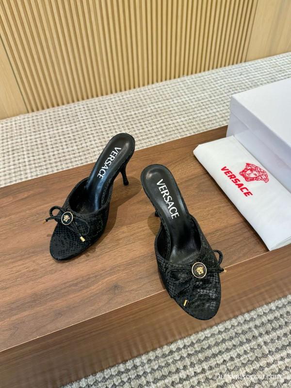 2025 Women VERSACE Black Leather Mule Heels LY00250