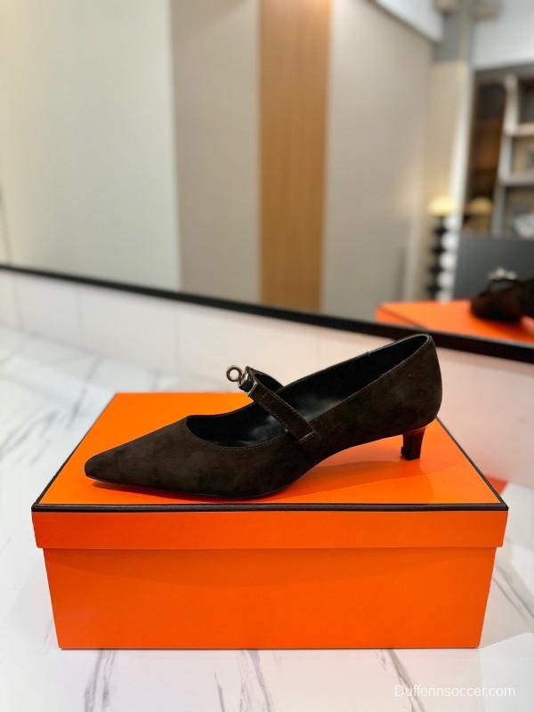 2025 Women Hermès Black Suede Mary Jane Shoes KFY00330