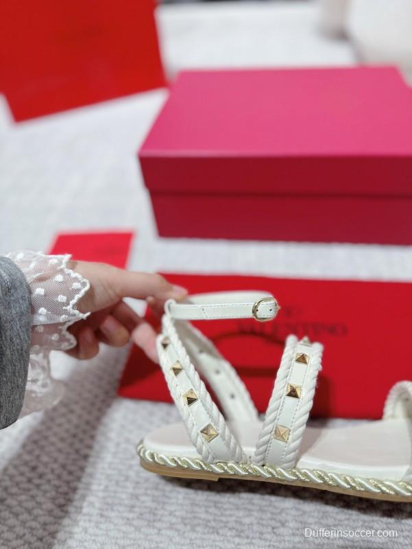 2025 Women Valentino White Leather Sandals Studded LY00250