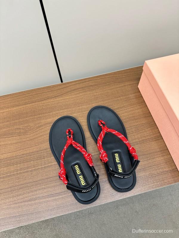 2025 Women Miu Miu Black Red Leather Sandals