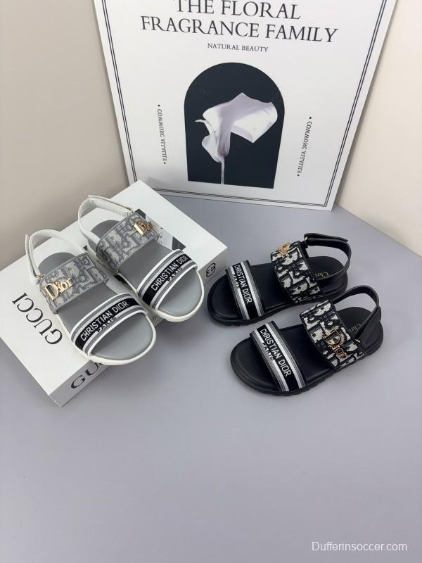 2025 Kids Dior Gray Black Canvas Leather Sandals
