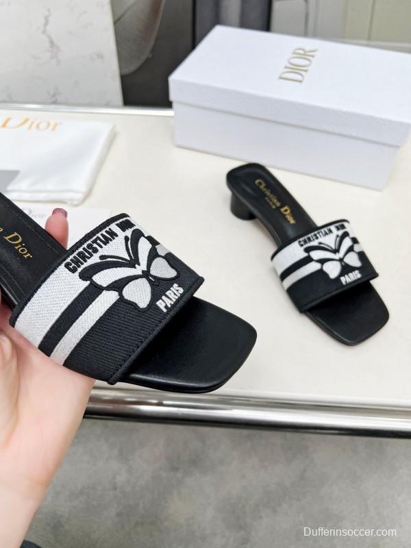 2025 Women Dior Black White Fabric Leather Mid-heel LY00200