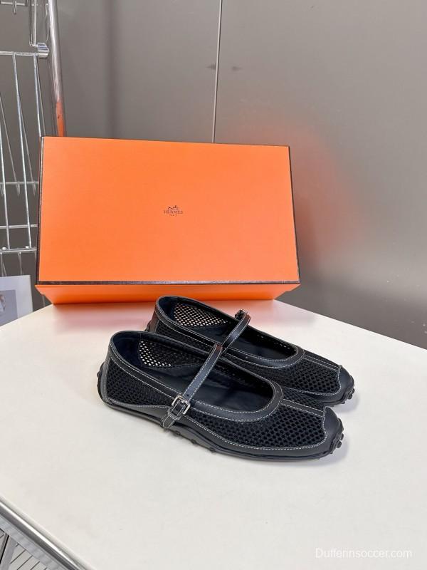 2025 Women Hermès Black Mesh Leather Mary Jane Shoes