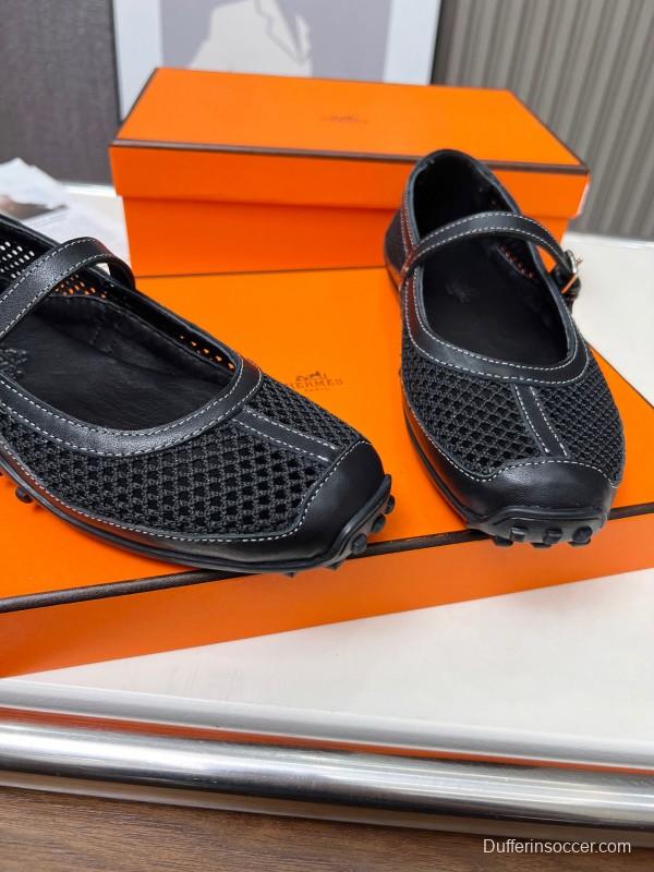 2025 Women Hermès Black Leather Mesh Mary Jane LY00230