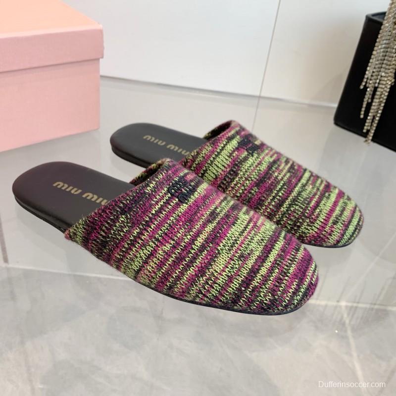 2025 Miumiu Purple Green Black Knitted Slippers
