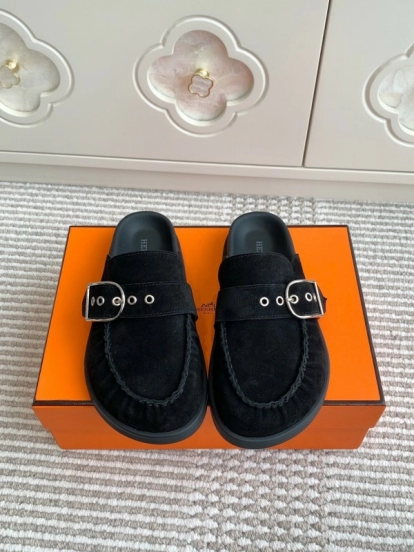 2025 Women Hermès Black Suede Mule Shoes Buckle KFY00290