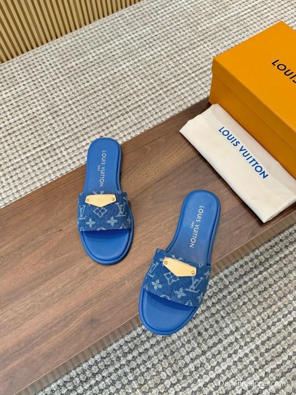 2025 Women Louis Vuitton Blue Denim Leather Slippers LY00200