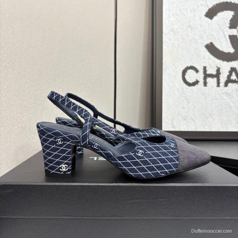 2025 Women Chanel Blue Grey Denim Leather Slingback LY00240