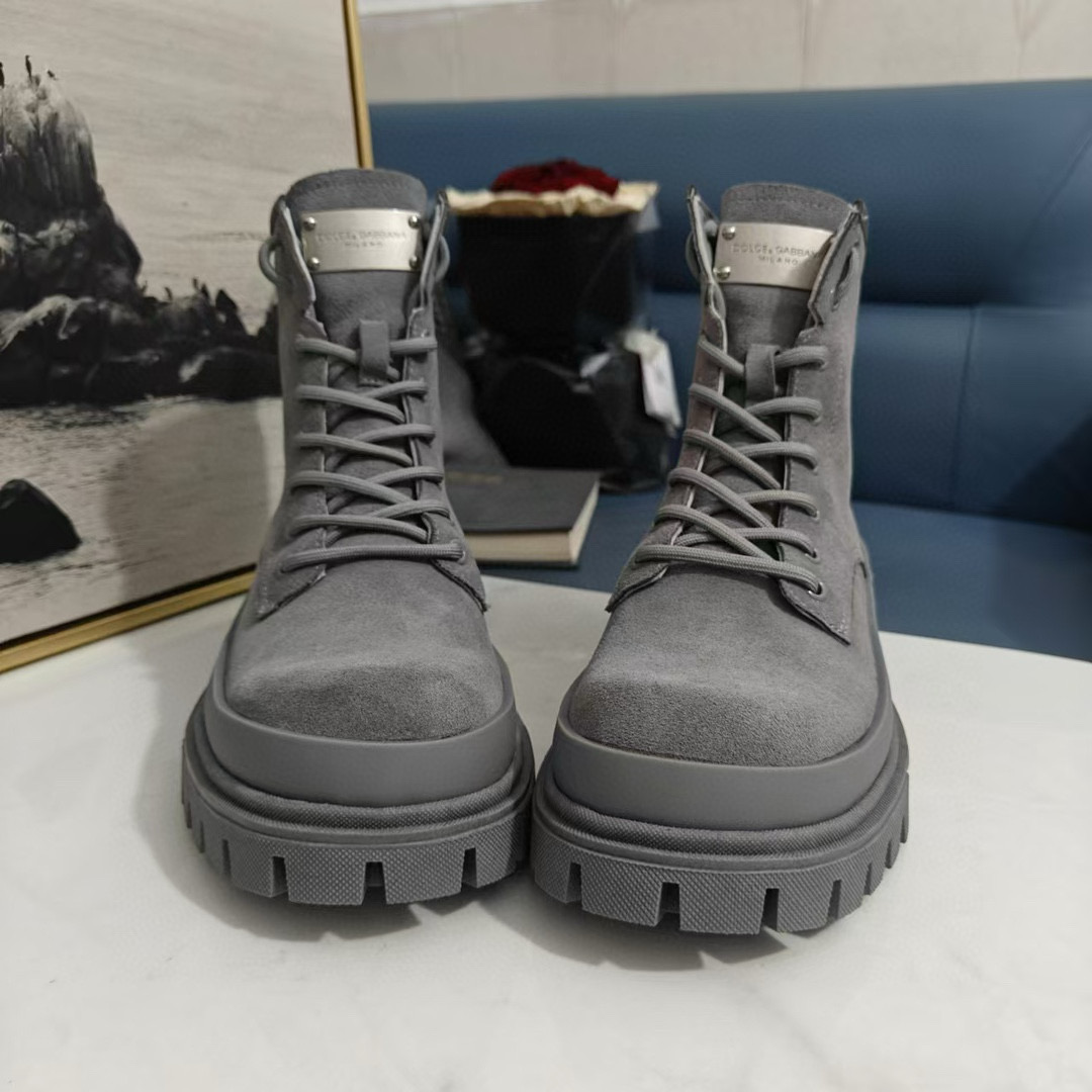 2024 Unisex Dolce & Gabbana Gray Suede Leather Chunky Boots