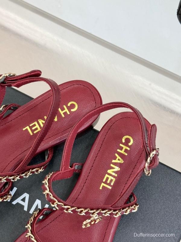 2025 Women Chanel Red Lambskin Chain Strap Sandals