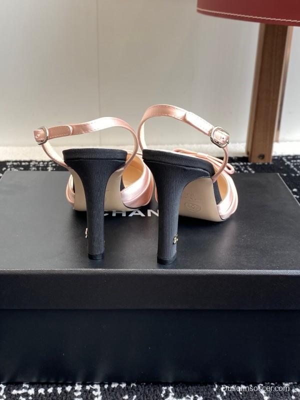 2025 Women Chanel Pink Black Satin Leather Slingback Heels KFY00289