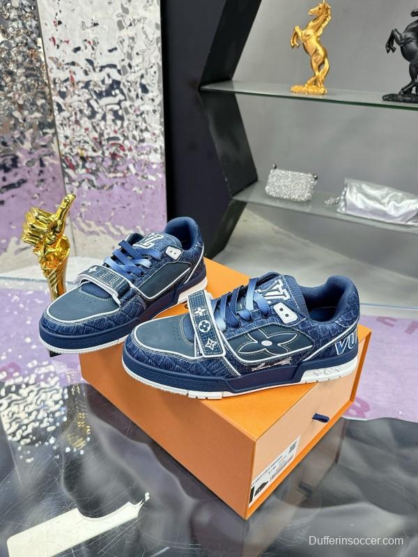 2024 Men Louis Vuitton Blue Denim Calfskin Silk Plimsolls Washed MJ00410