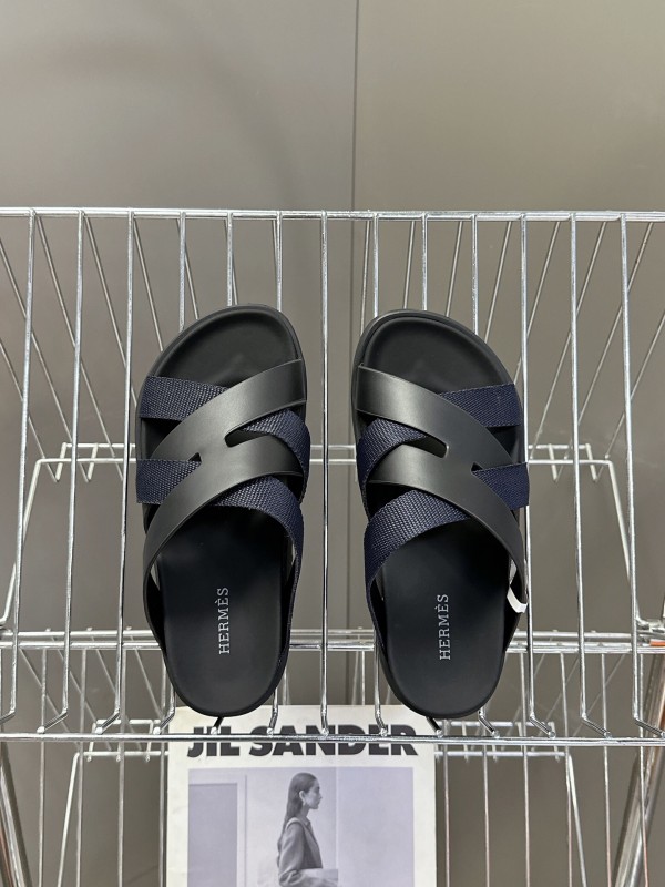 2025 Unisex Hermès Black Leather Fabric Slippers
