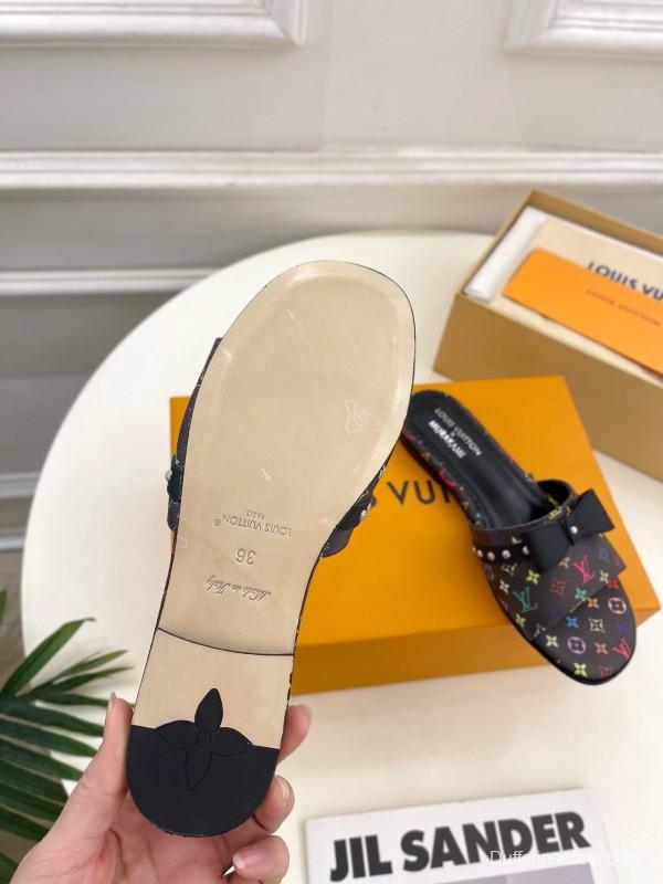2025 Slippers Louis Vuitton Black Leather Flat Bow MJ00290