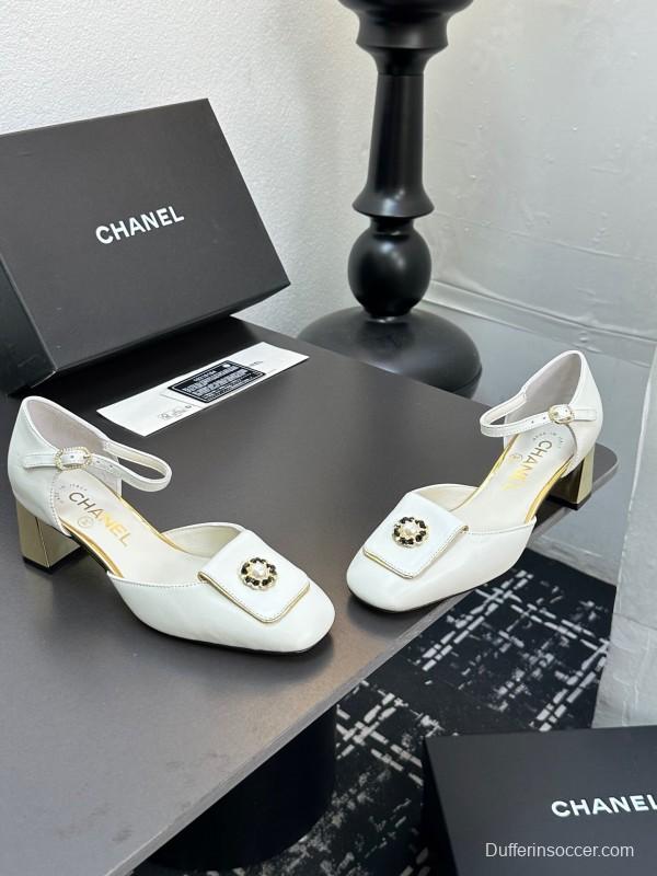 2025 Women Chanel White Leather Chunky Heel Metal Decoration LY00360