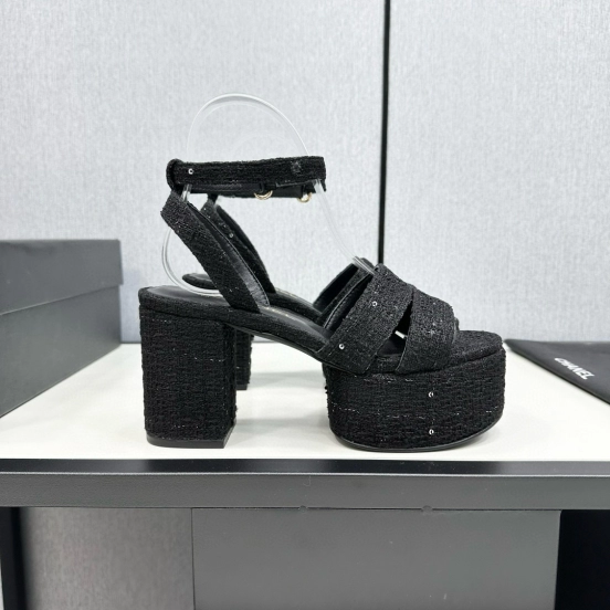 2025 Women Chanel Black Fabric Platform Sandals MJ00310