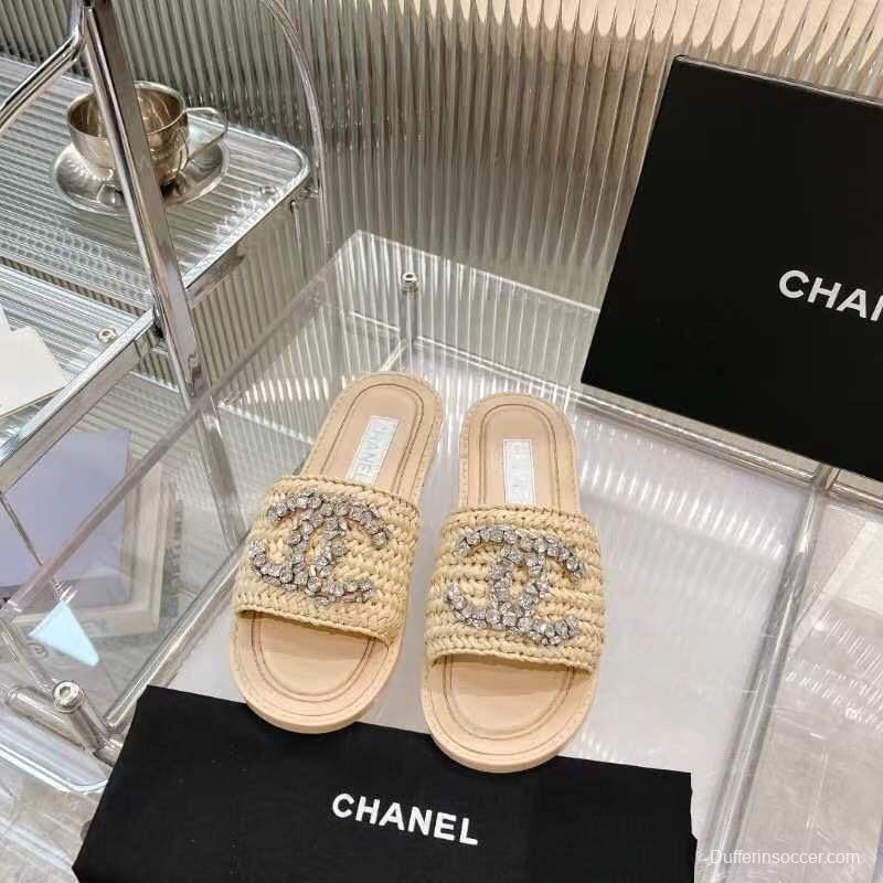 2025 Women Chanel Beige Raffia Crystal Slippers LY00270