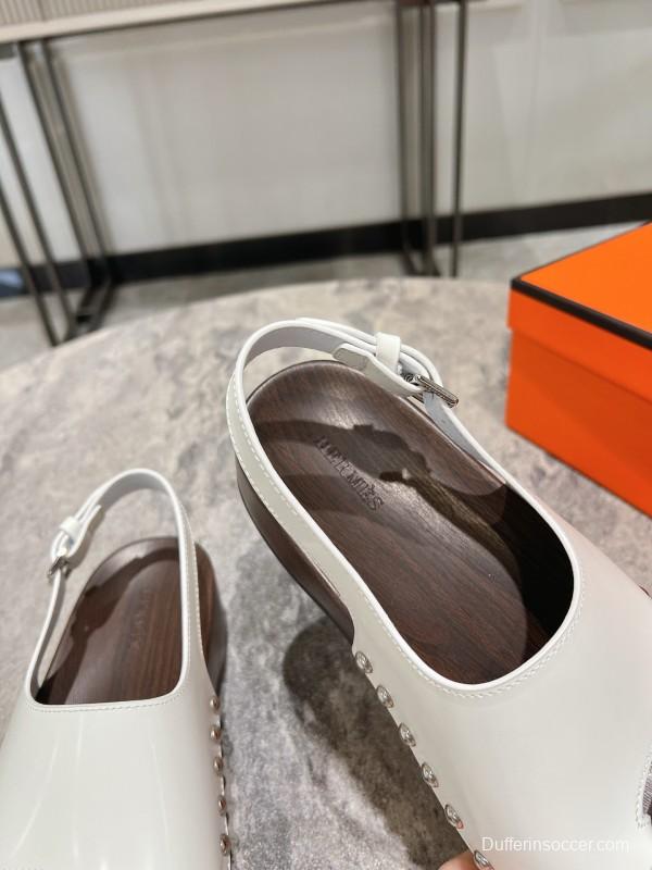 2025 Women Hermès White Leather Slippers