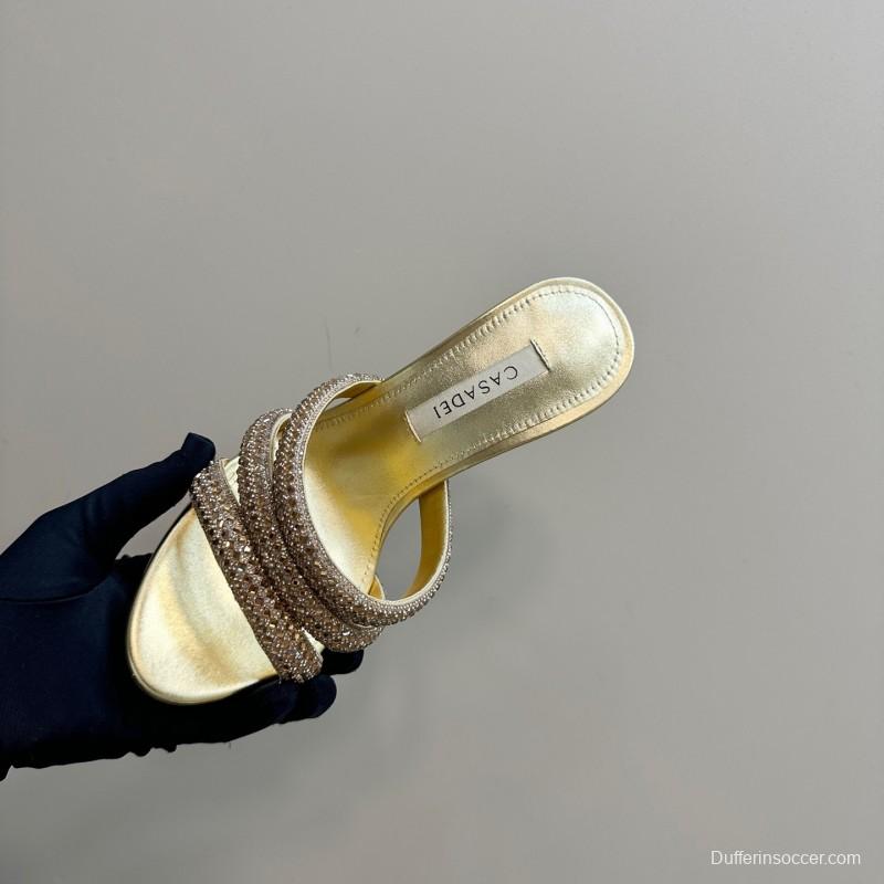 2025 Women Casadei Gold Glitter Leather High Heel Sandals