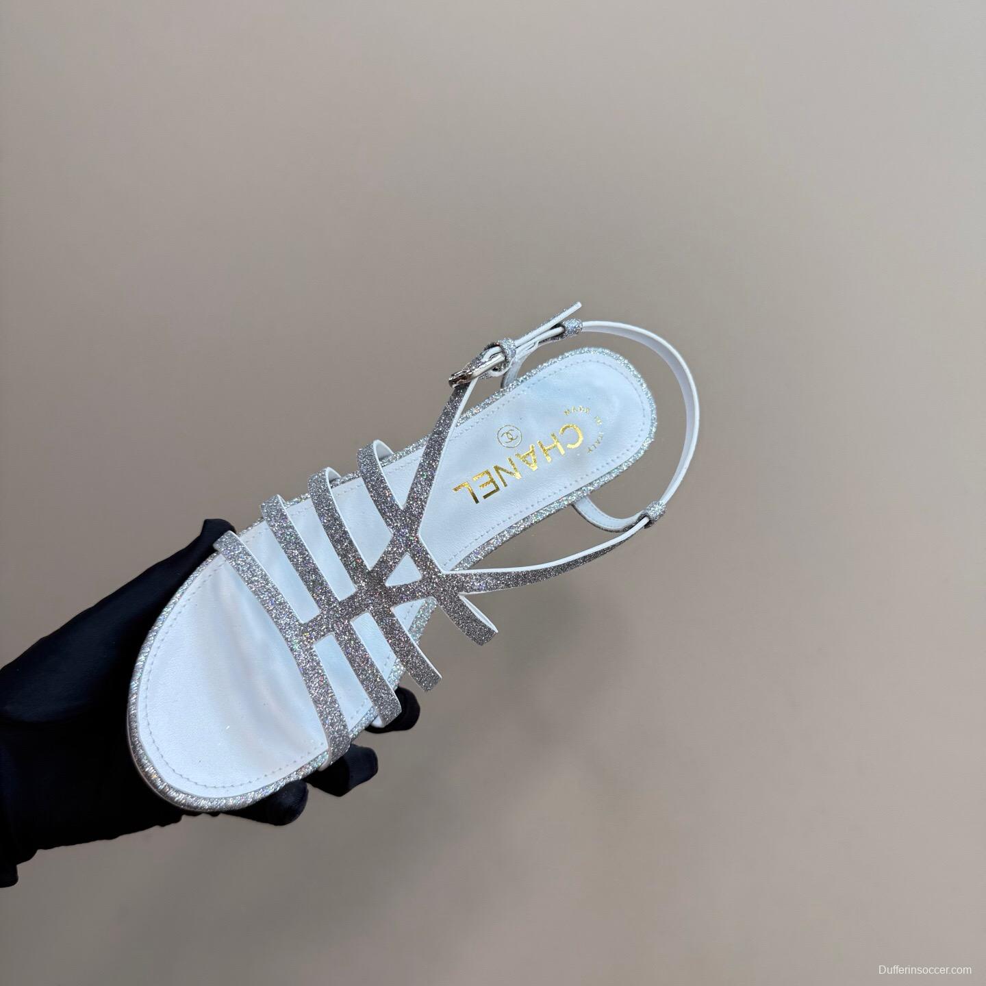 2025 Women Chanel Silver Leather Sandals