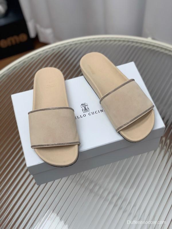 2025 Women Brunello Cucinelli Beige Suede Flat Slide Sandals Handmade Detailing KFY00240 (F)
