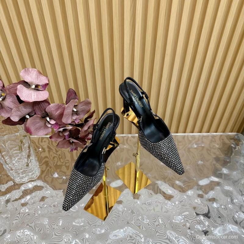 2024 Women Yves Saint Laurent Black Silk Slingback Pumps Crystal Embellishment MJ00320