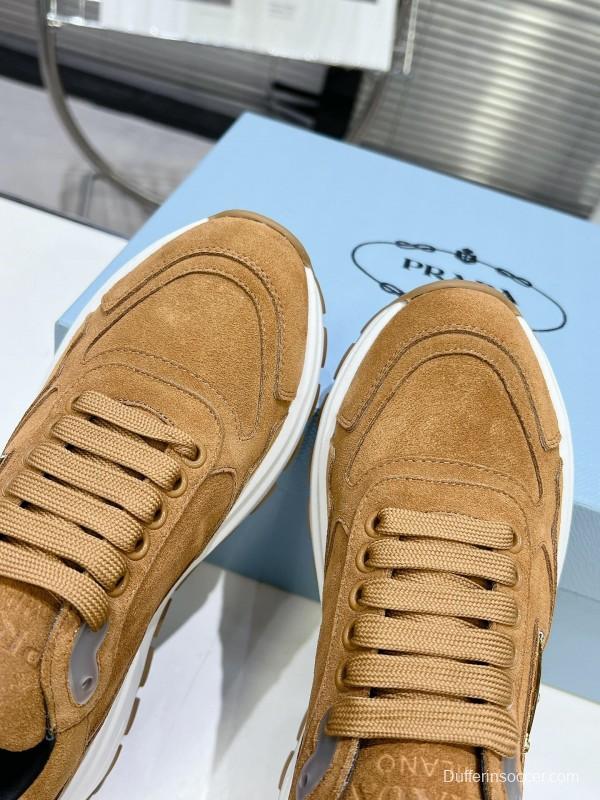 2025 Unisex Prada Brown Suede Leather Sneakers KFY00310
