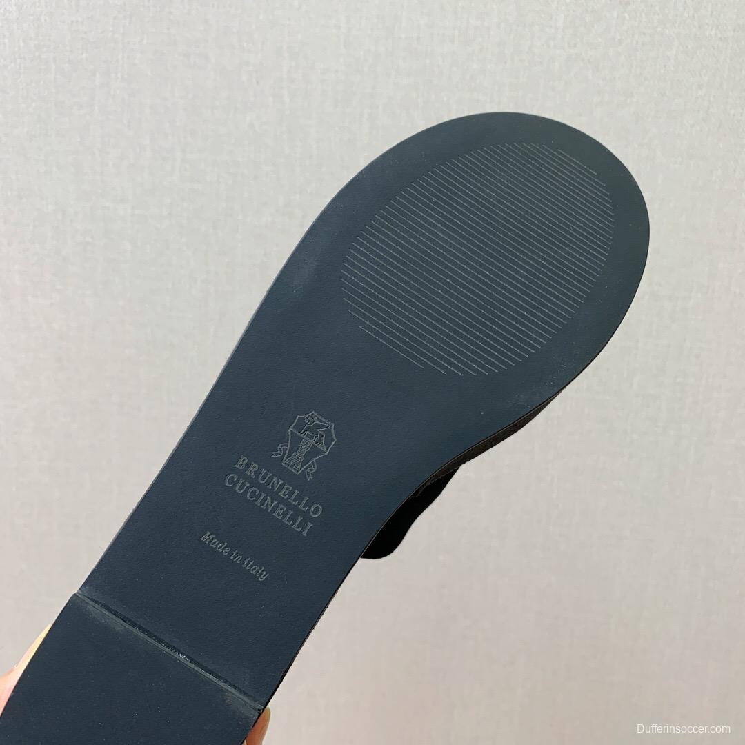 2025 Women BRUNELLO CUCINELLI Black Suede Platform Slide Sandals Casual Craftsmanship KFY00275(F)